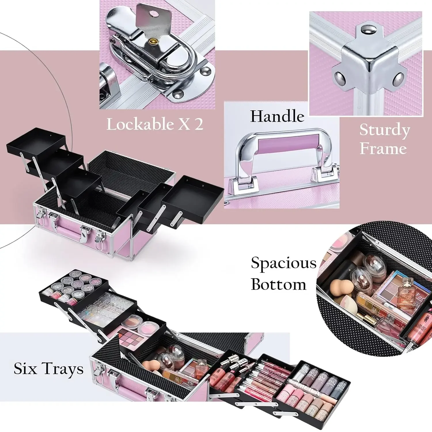 Frenessa Makeup Train Case กล่องเครื่องสําอางแบบพกพาขนาดใหญ่ - ถาด 6 ชั้น Professional Makeup Storage Organizer Box Make Up