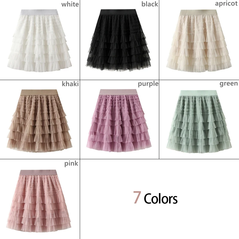 Women Tulle Cake Mesh Skirt Elegant Multilayer Ruffles Tutu Skirt Lady Elastic Waist A Line Mesh Fairy Tutu Skirts