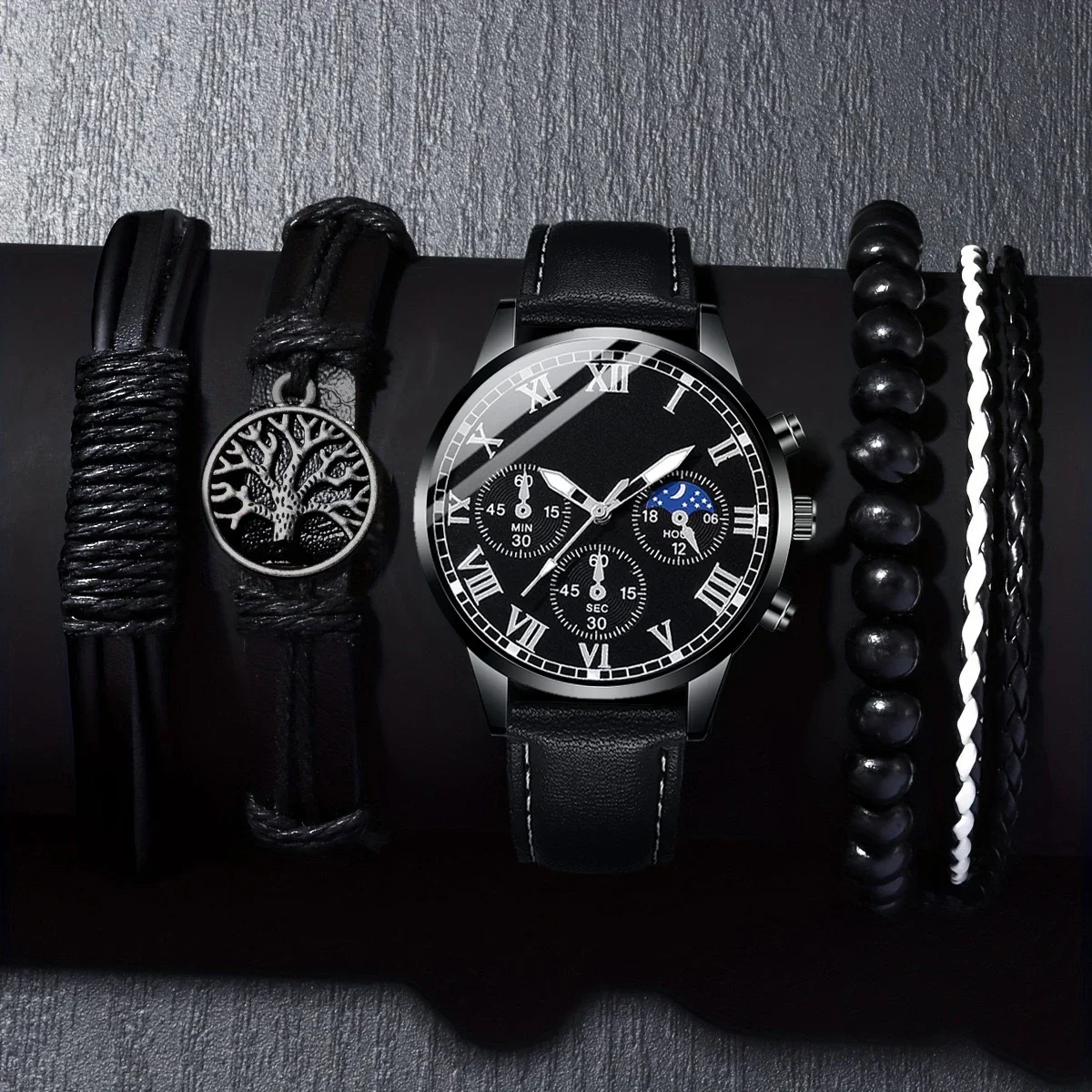 1pc men's casual and fashionable watch+4pc accessory set with handsome scale dial and textured strap for daily matching