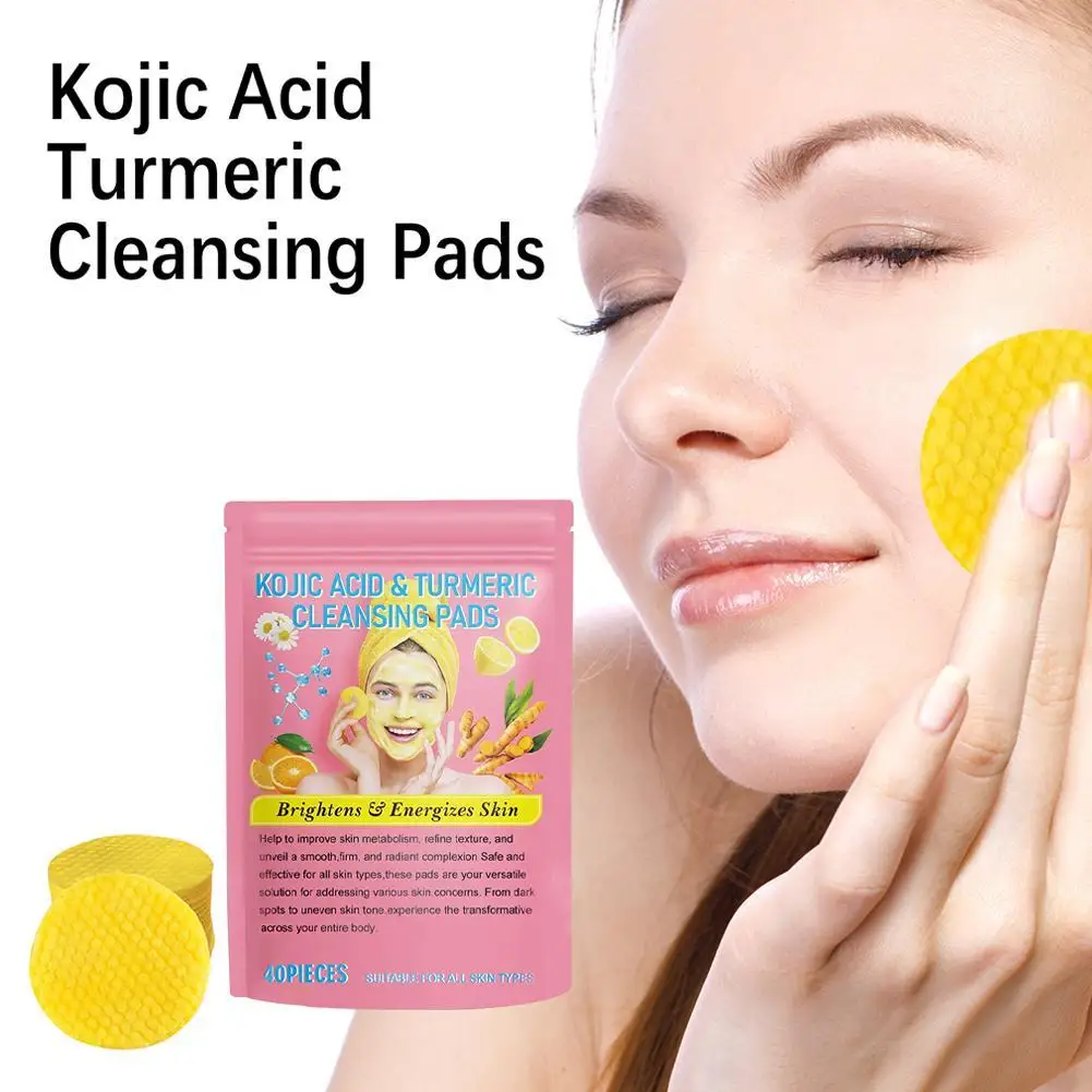 Almohadillas de limpieza exfoliantes de ácido kójico de cúrcuma que se desvanecen las manchas oscuras, exfolia la piel, almohadillas de limpieza de esponja Facial 40 Uds