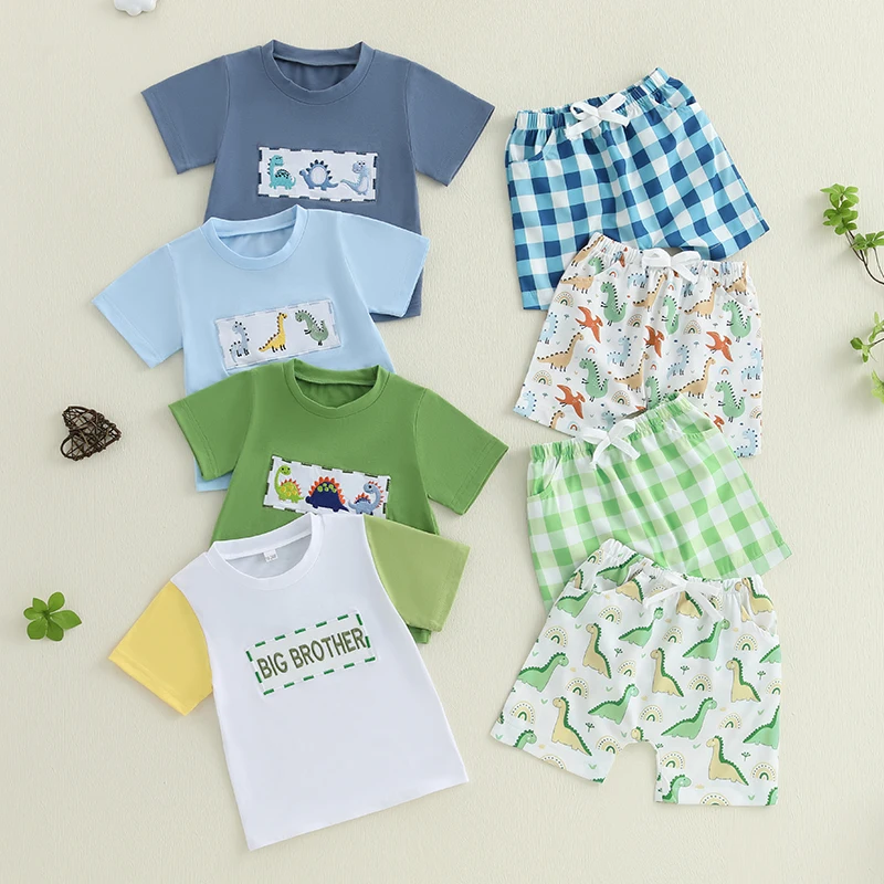 0-4Y Cute Summer Baby Boys Clothes Dinosaur Short Sleeve Tee Shirts Tops Checkered Shorts Sets Children Clothing