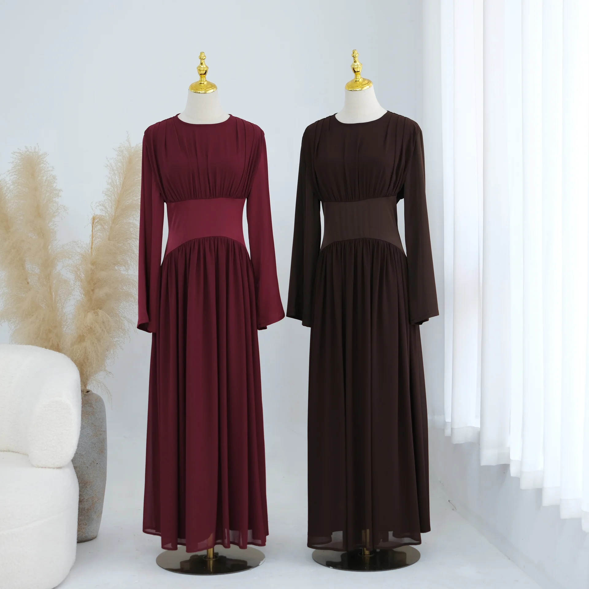 Elegant Solid Color Muslim Maxi Dress High Quality Waist Tied Long Sleeve Floor Length Modest Abaya Party Evening Gown For Women