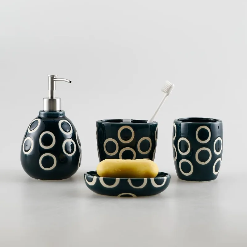 Circle Pattern Ceramic Lotion Bottle Toothbrush Holder Rinse Cup Bathroom Accessories Modern Soap Dish Shampoo Dispenser Bottle