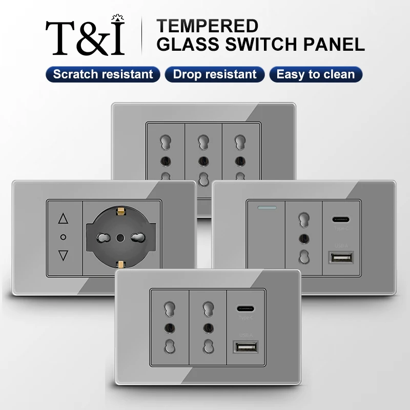 118x75mm Italy&Chile USB TypeC Fast Charging Wall Socket Schuko Wifi Smart Switch Sat TV Tel,Grey Tempered Glass Panel for Home