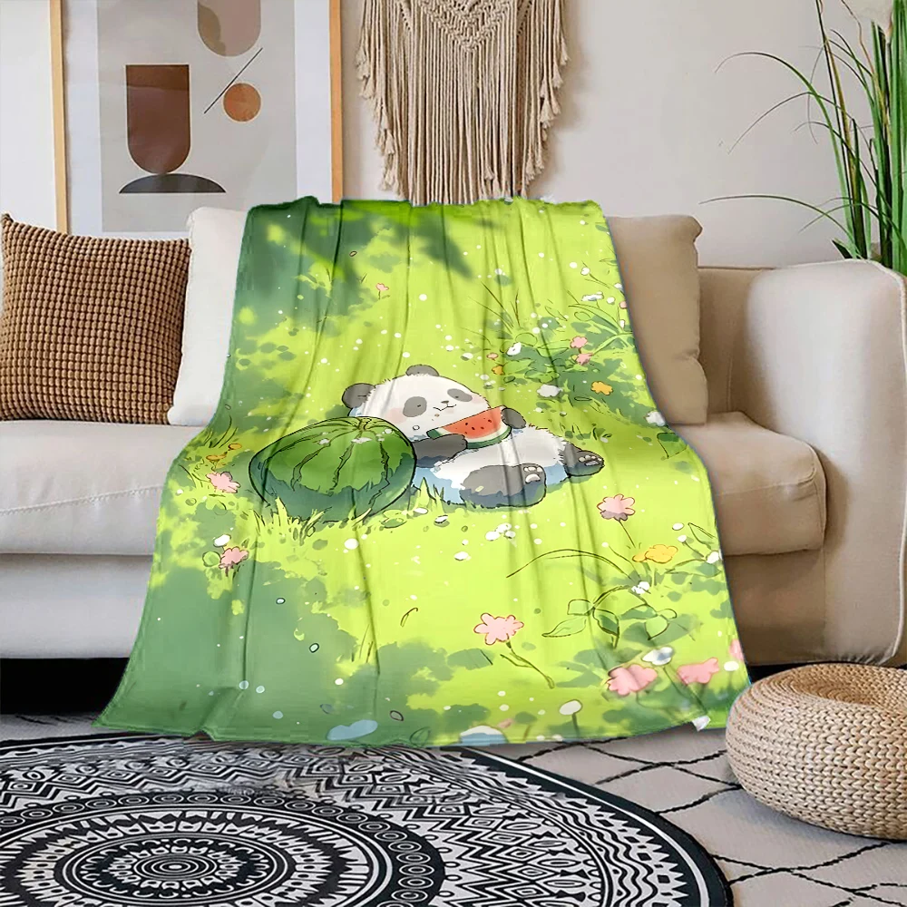 MulPanda eating watermelon on grass Print Blanket Warm Soft Suitable for All Seasons for Home Sofa Travel Camping Picnics RV