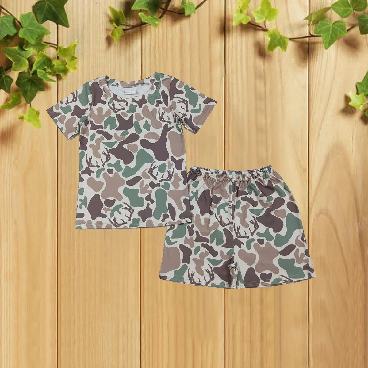 

10.22 Adorable Camouflage Deer Antler Short Sleeve Shorts Set Sleepwear for Girls Kid's Cute Beige Clothing Outfit