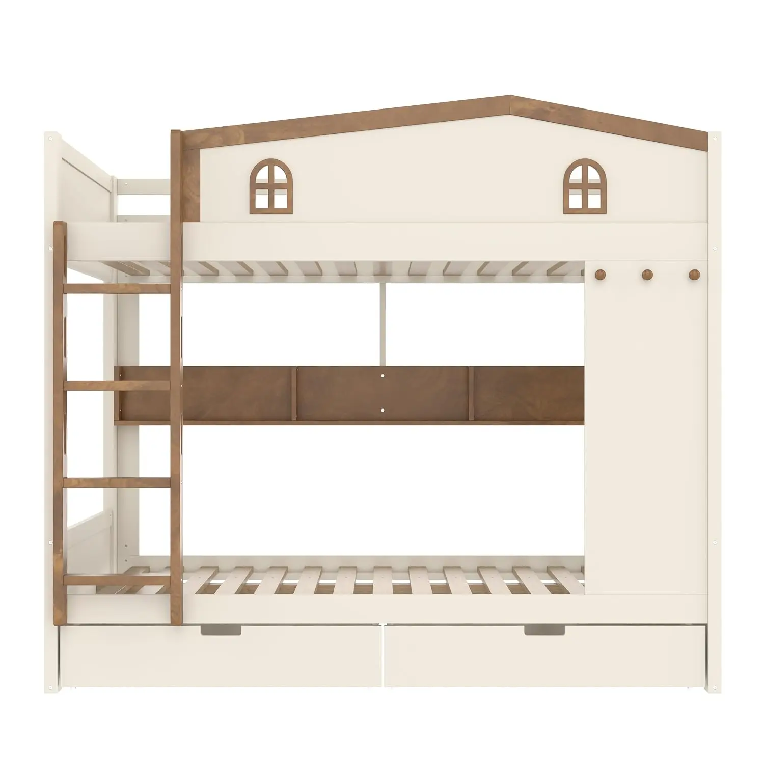 Queen Over Queen Bunk Bed with Storage Drawers Shelves Hooks Beige Natural, Customized image 4