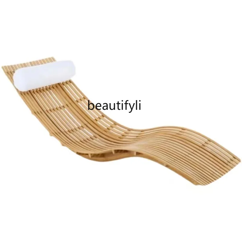 Teak Lying Bed Waterproof and Sun Protection Hotel Villa Courtyard Outdoor Leisure Wood Recliner