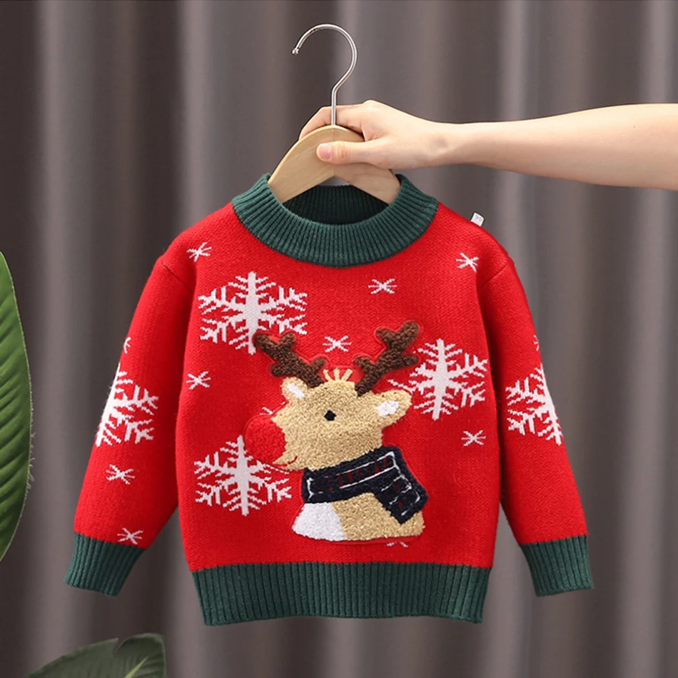 Children Pullover Sweater Knitwear Long Sleeved Casual Tops Kids Christmas Reindeer Autumn Winter Clothes for Baby Girls Boys