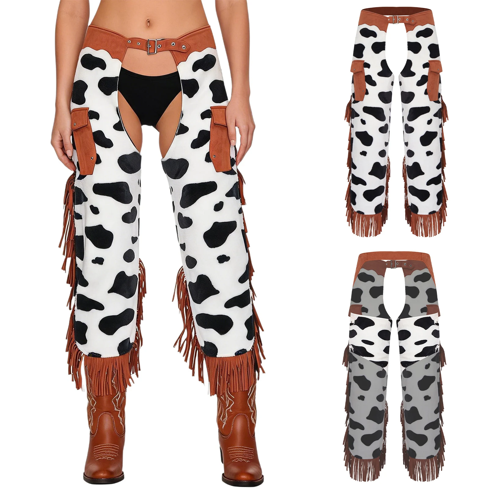 Women Western Cowboy Fringed Chap Pants Cow-spot Pattern Flannel Side Tassel Patchwork Waist Trousers Party Wear Vintage Bottoms