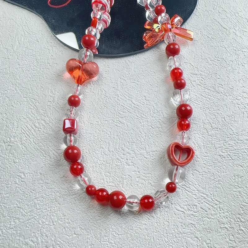 Ins Spicy Girl High-end Cute Redbow Heart Mobile Phone Strap Handmade Beading Diy Hanging Rope Pearl Chain