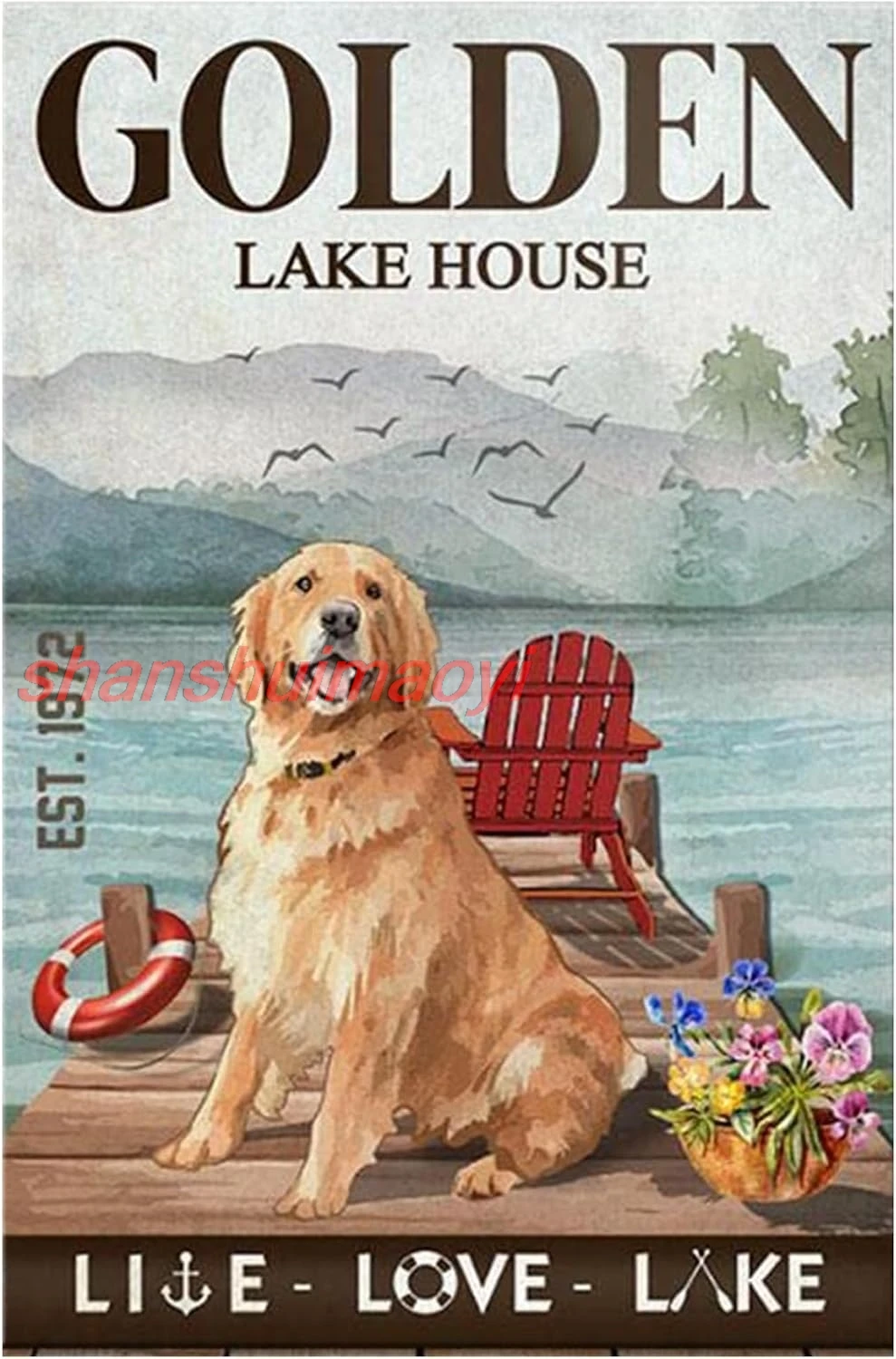 Snowsun Metal Sign Golden Retriever Dog Lake House Funny Retro Vintage Aluminum Sign for Home garden Coffee Wall Decor 8x12 SHUI