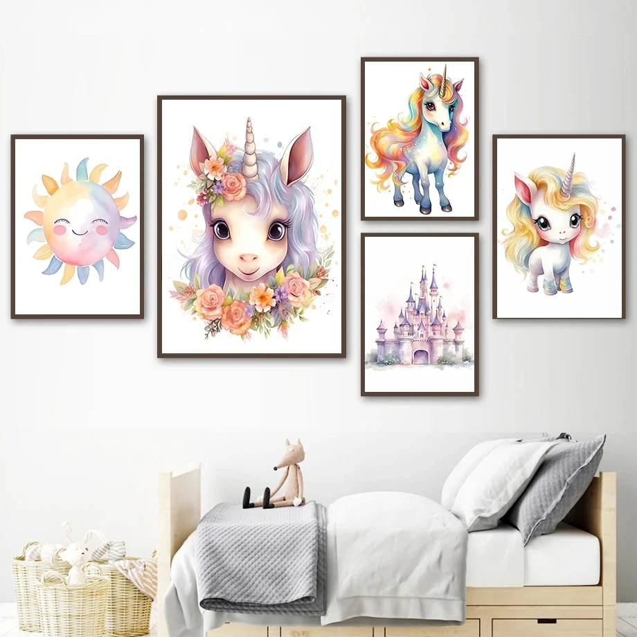 Rainbow Unicorn Colored Sun Castle Children's Gift Watercolour Wall Art Canvas Painting Nordic Poster Girls Kindergarten Decor