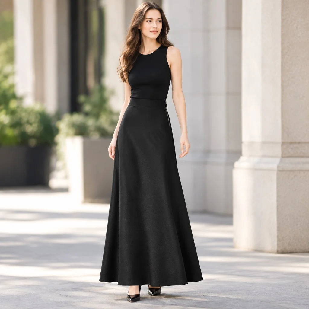 A Line Silhouette Zipper Detail Skirt Maxi Length Elegant Business Style with Slight Stretch Summer Elegant Style Women Skirts