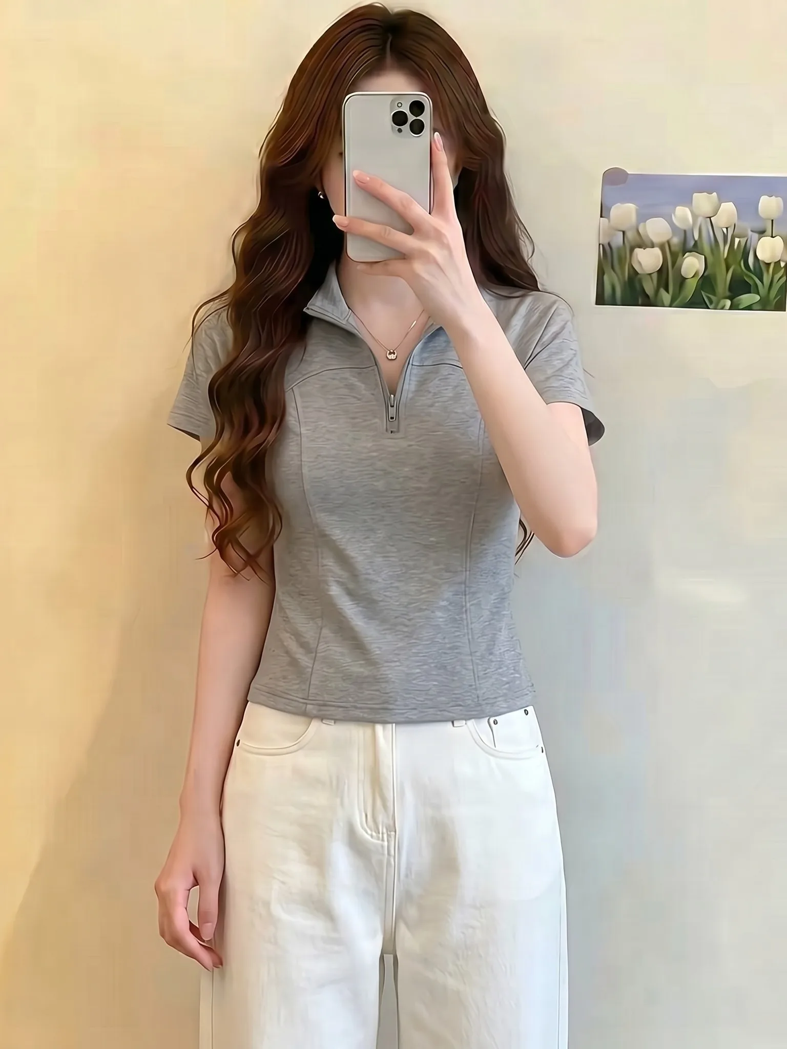 

Fashionable Grey Zipper T-Shirt Half Zipper Short Sleeve Summer New Design Korean Style Commute Suitable Standard Fit Women's...