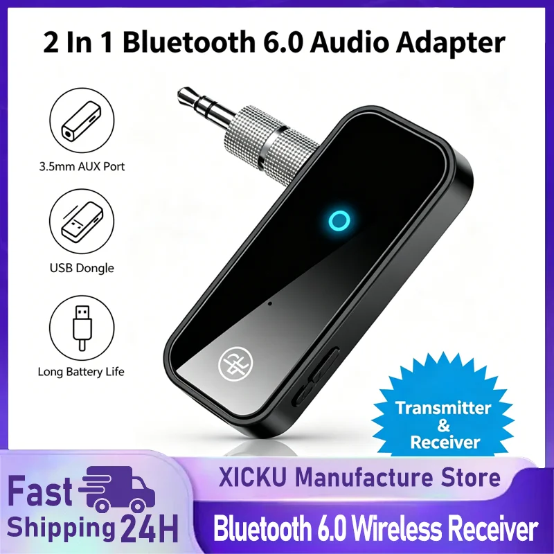 2 In 1 Bluetooth 6.0 Transmitter Receiver 3.5mm AUX Wireless Audio Adapter USB Charging For Car TV Speaker Stereo Headphones