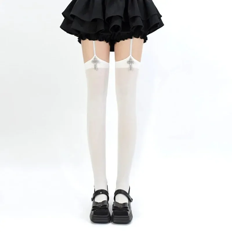 Pończochy damskie z ozdobnymi paskami, jednolite, cienkie, za kolano, w stylu Lolita, anime, cosplay, gotyckie.