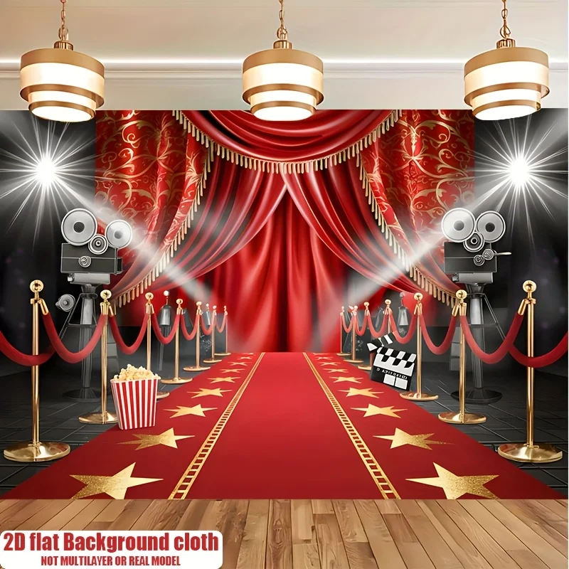 red carpet movie premiere tapestry glamorous event theme wall hanging golden stars spotlights ideal for home theater or cinema