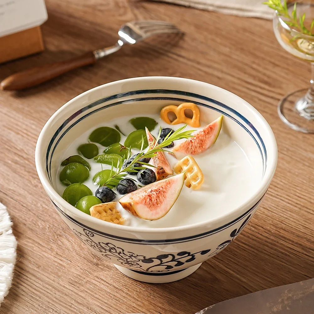 Japanese Vintage Flower Porcelain Bowl Hand-Painted Ceramic Round Homehold Tableware Yogurt Milk Dessert Fruit Salad Bowls