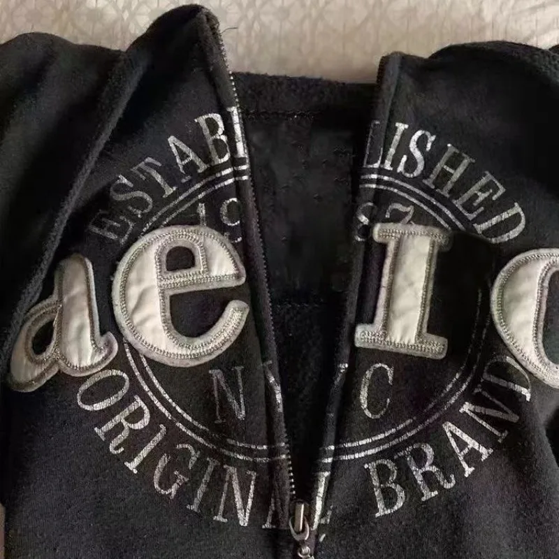 Grunge American Retro Jacket Vintage Design Black Hooded Sweatshirt Spring Autumn Y2k Clothing Slim Tops Letter Sweatshirts New