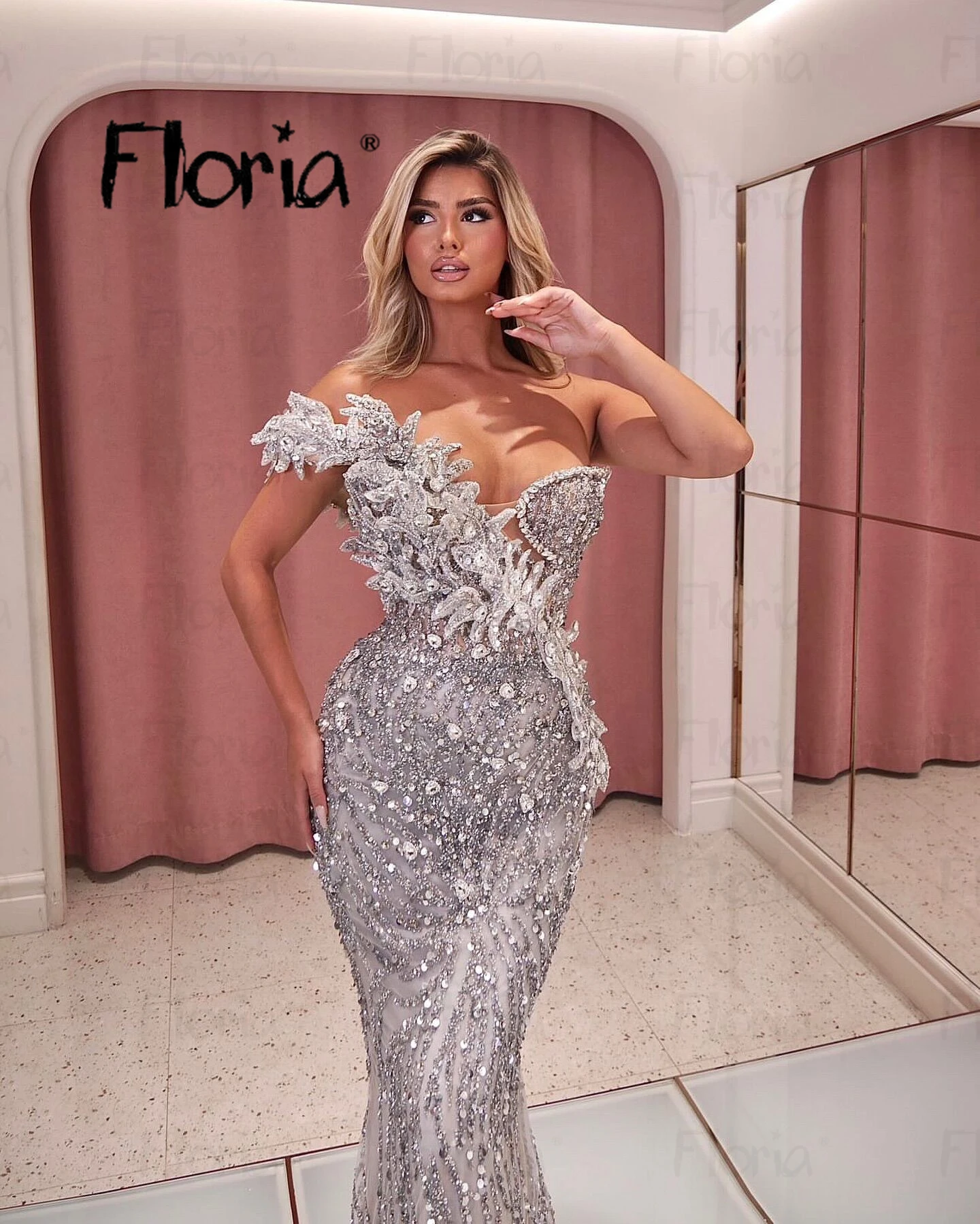 Luxury Silver Mermaid Evening Dress 2024 New Sparkly Prom Party Dresses for Women Weddings Off Shoulder فساتين للمناسبات الخاصة