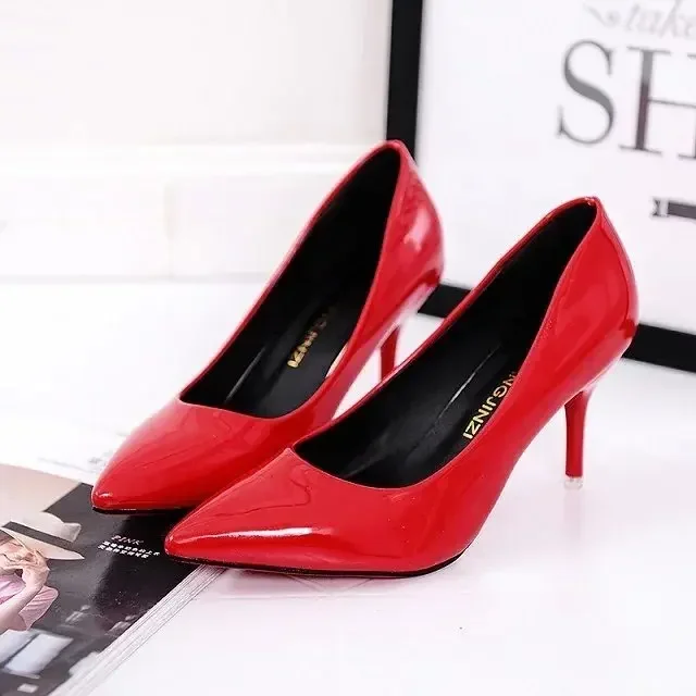 Large Size Women\'s Pumps Pointed Toe Patent Leather High Heels Dress Shoes White Wedding Shoes Thin Heels Basic Pump Red 2024