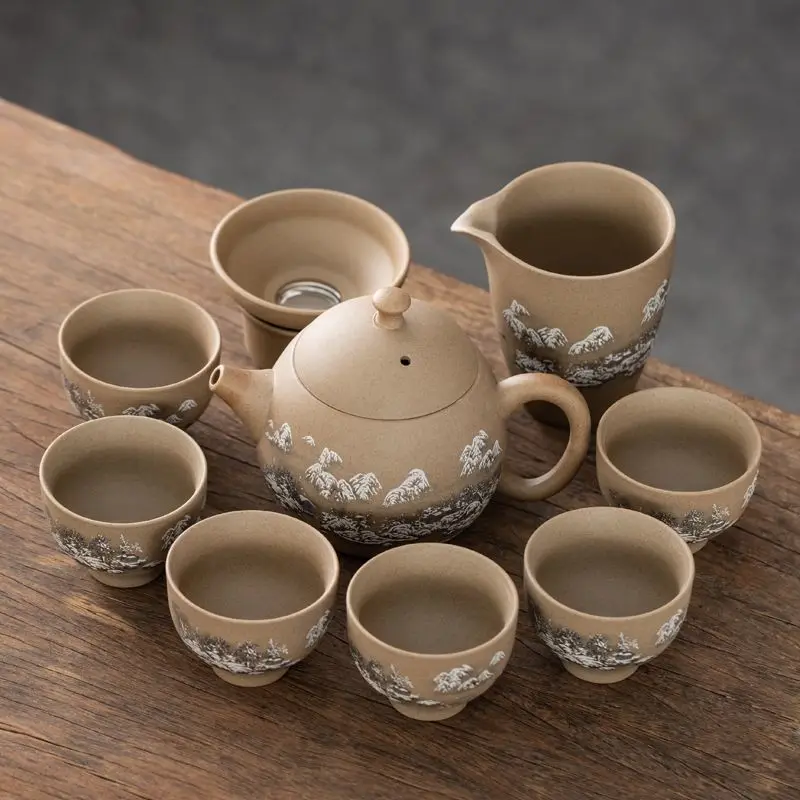 High-quality Coarse Pottery Kung Fu Tea Set Chinese Landscape Painting Ceramic Covered Bowl Vintage Tea Brewing Pot and Drinking