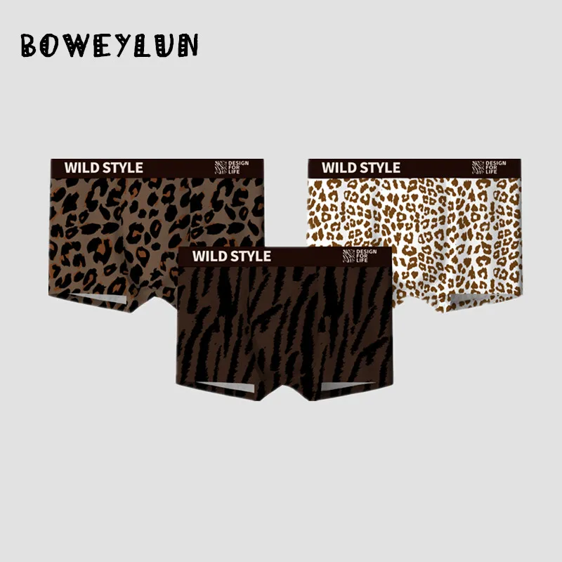 BOWEYLUN Men's Leopard Print Boxer Briefs Comfortable Breathable Mid-Waist Antibacterial Underwear Men