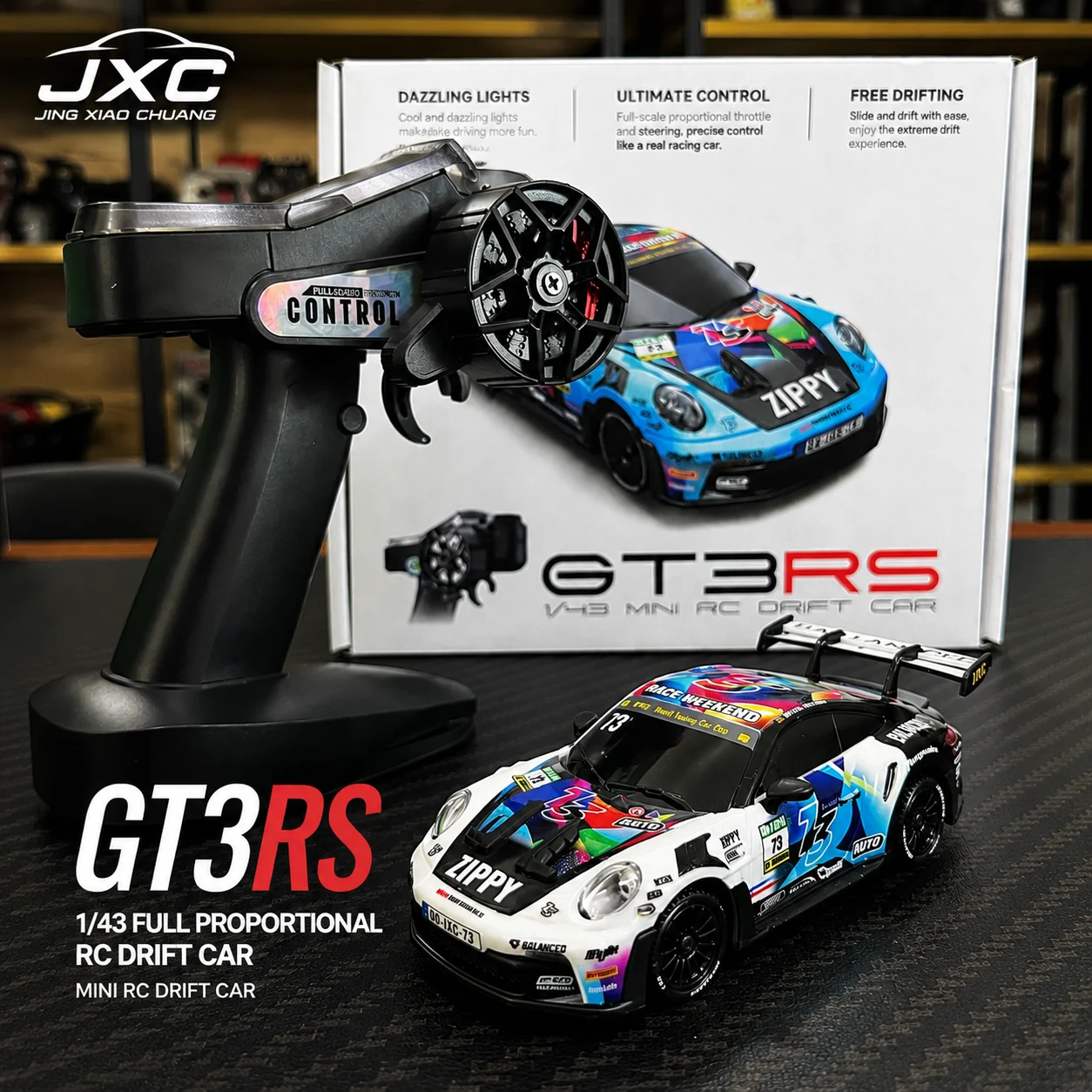 JXC GT3RS 1/43 Scale RC Drift Car 4WD High Speed Gyro Stabilized Remote Control Racing Car Hobby Grade Mini RTR Vehicle