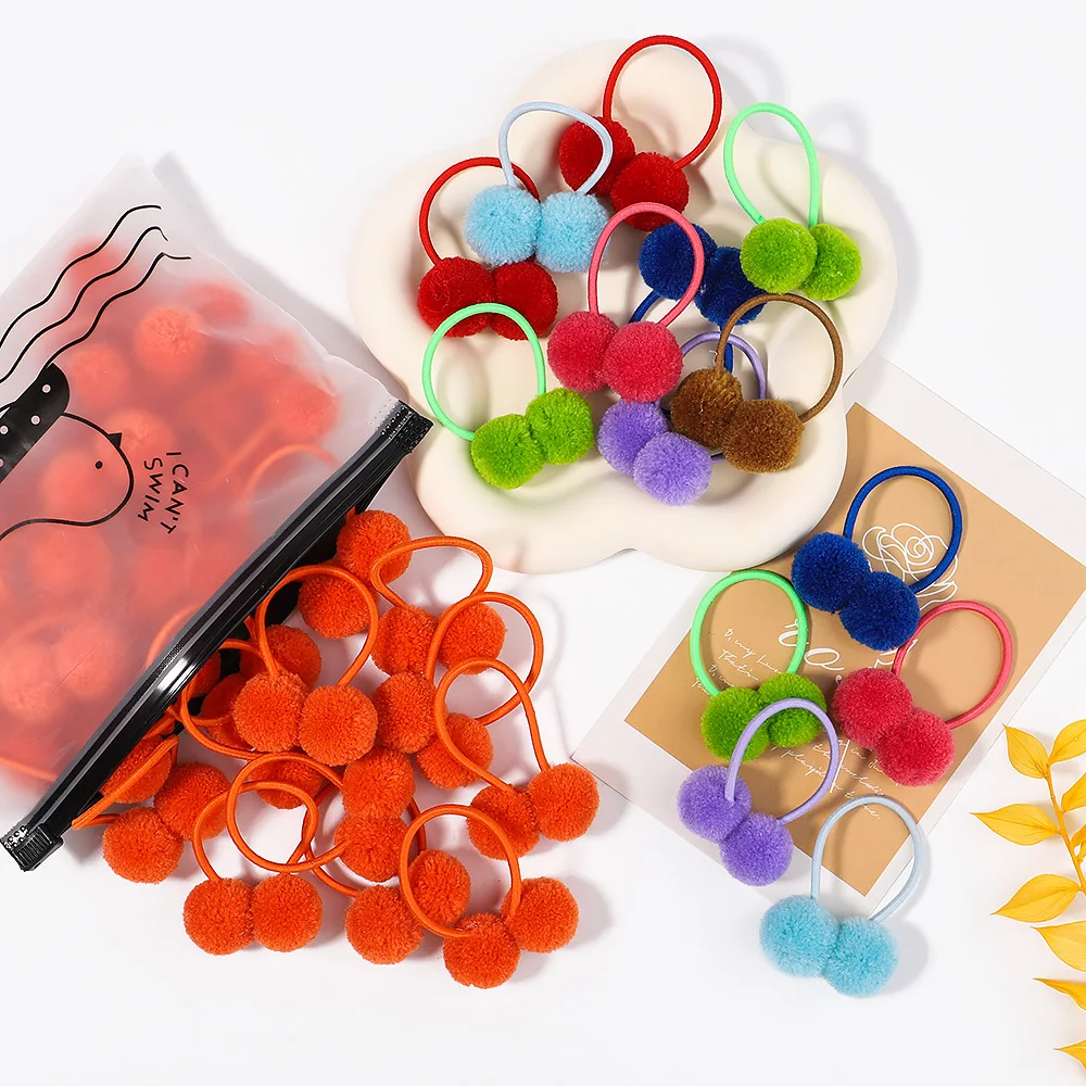 Juego de cuerdas para el pelo de doble Bola de felpa para niñas, gomas elásticas para el pelo de Color sólido, accesorios para el cabello, venta al por mayor, 5 unidades por lote