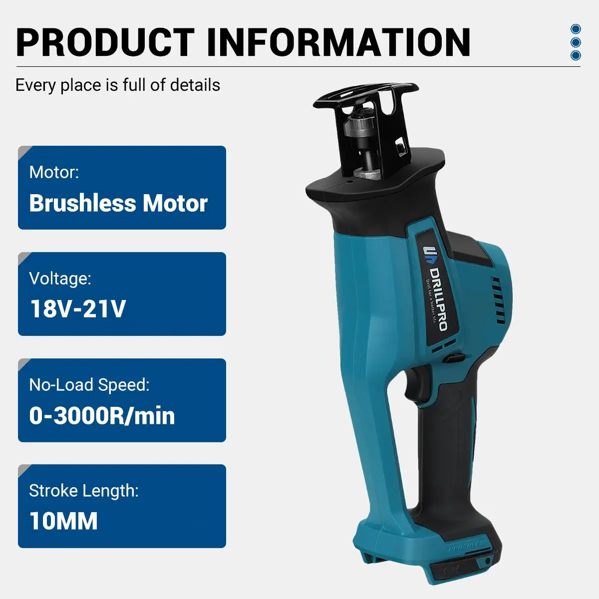 Drillpro-hojas de sierra recíproca para madera y Metal, sierra eléctrica inalámbrica sin escobillas, corte de tubería de PVC para batería Makita de 18v, 10mm