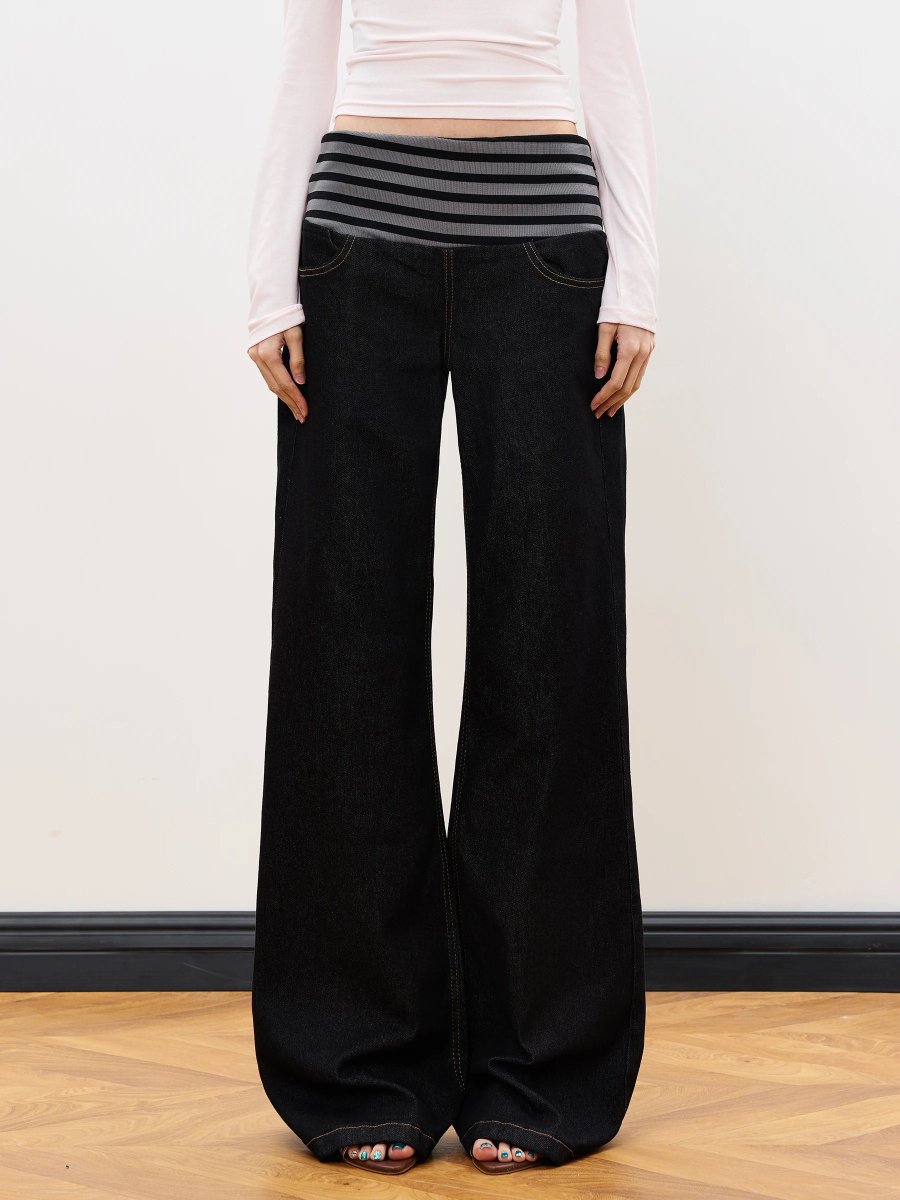 Low Waist Patchwork Striped Bell Bottom Jeans Women's Design Slimming Sexy JUNECUT Original Denim Pants Casual American Style