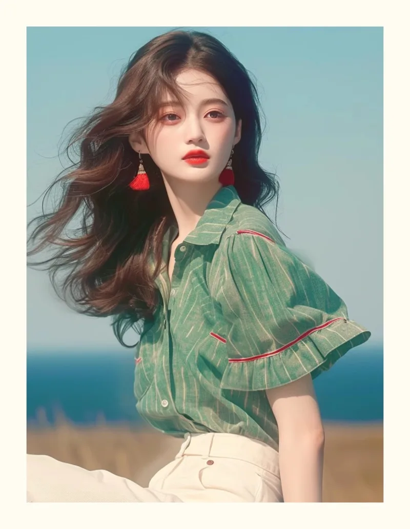 Chemisiers Vintage pour femmes, chemises à rayures coréennes, mode ample, vêtements à volants, vert, manches courtes, hauts pour femmes, printemps/été