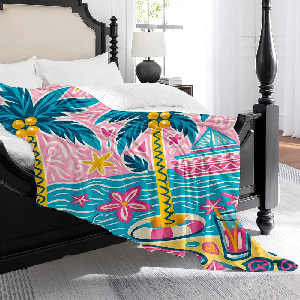 1pc Turquoise Blue & Pink Tropical Beach Blanket - Plush Quilted Flannel All-Season Soft Bedspread with Palm Tree, Pineapple