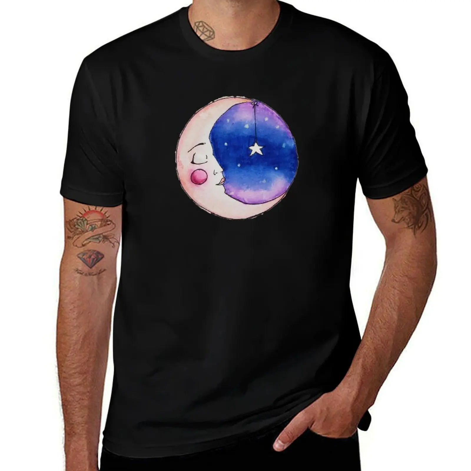 Sleeping Moon with Hanging Star T-Shirt Trend Art Print T-Shirt