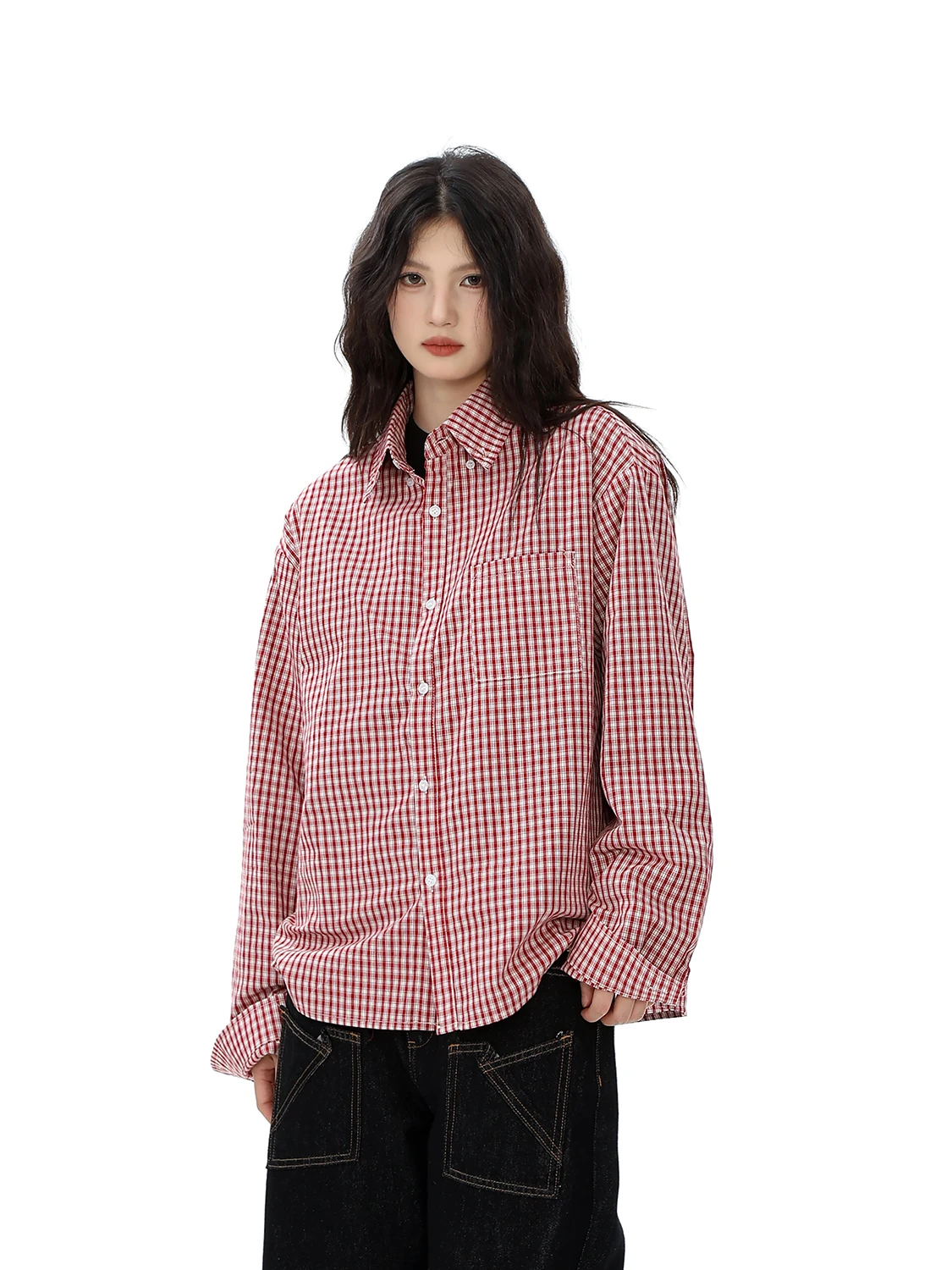 

American Retro Plaid Couple Long Sve Loose Casual irt Men's Women's High-End Feeling irt Coat Breathable Cotton Autumn
