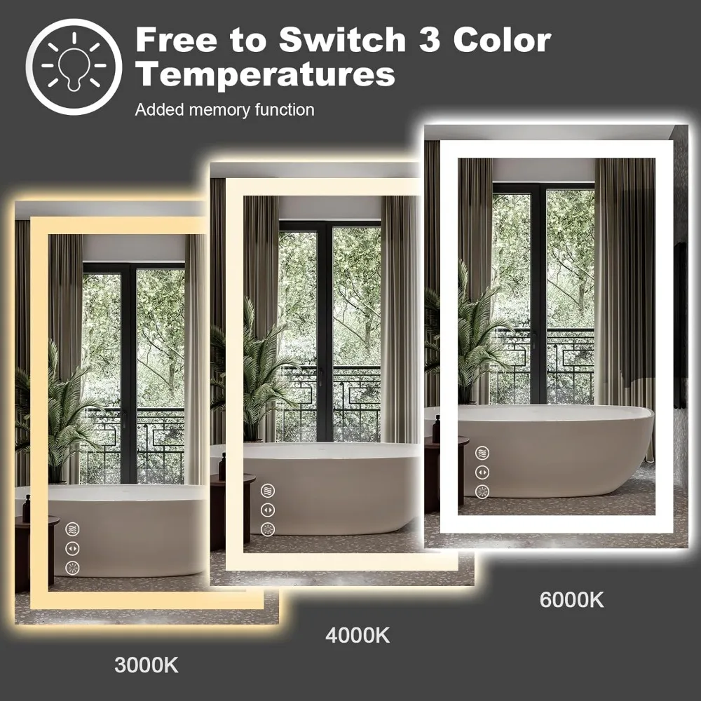 

Светодиодное зеркало 60 x 36 дюймов с передней и подсветкой, большие настенные зеркала с регулируемой яркостью, противотуманные, небьющиеся, с памятью, 3 цвета