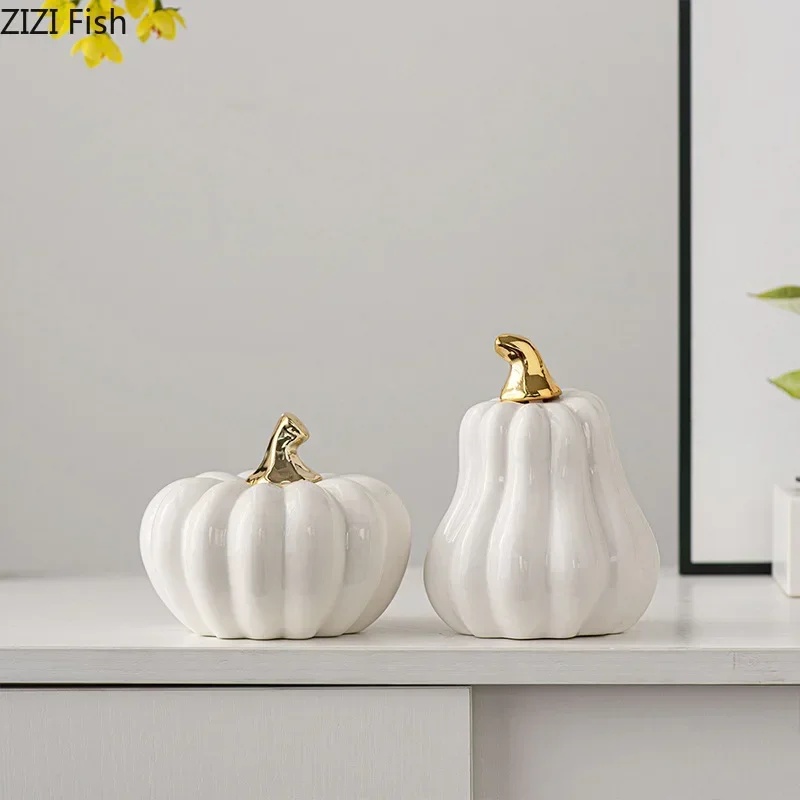 Gold-plated Ceramic Pumpkin Statue Desk Decoration Ornaments Porcelain Pumpkin Sculpture Modern Artwork Room Aesthetic Decor