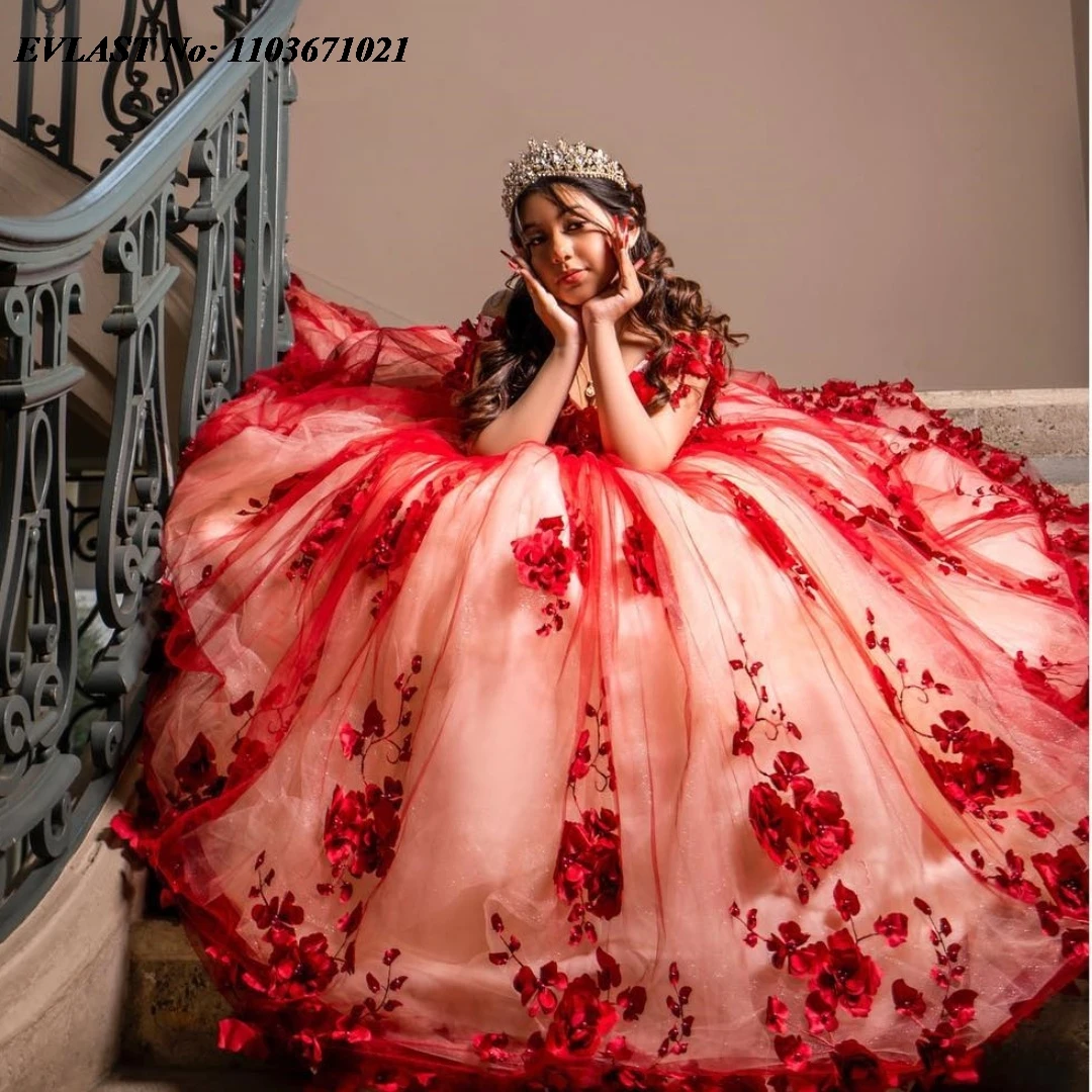 EVLAST Mexican Champgne Ball Gown Quinceanera Dress Red 3D Floral Lace Applique Beaded Corset Sweet 16 Vestidos De Anos SQ389