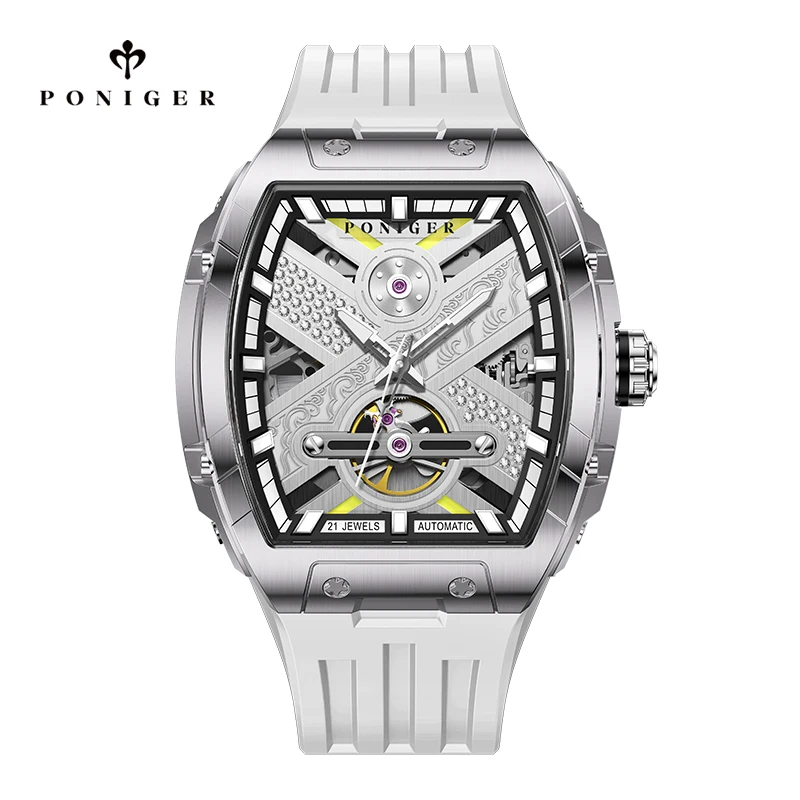 

Poniger Men's Square Mechanical Watch Luxury Waterproof Tonneau Wristwatch with Rubber Band Stainless Steel Fashion