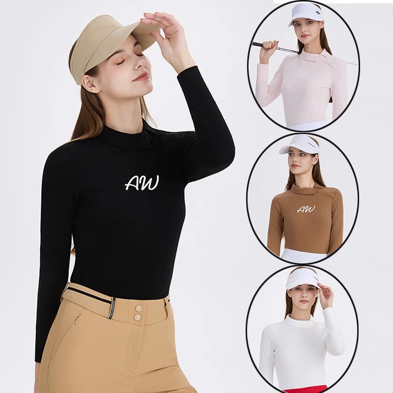 AW Winter Golf Women Warm T-Shirts All-match Long-sleeved Slim Shirt Half-Button Stand Collar Golf Top Thick Velvet Sportswear
