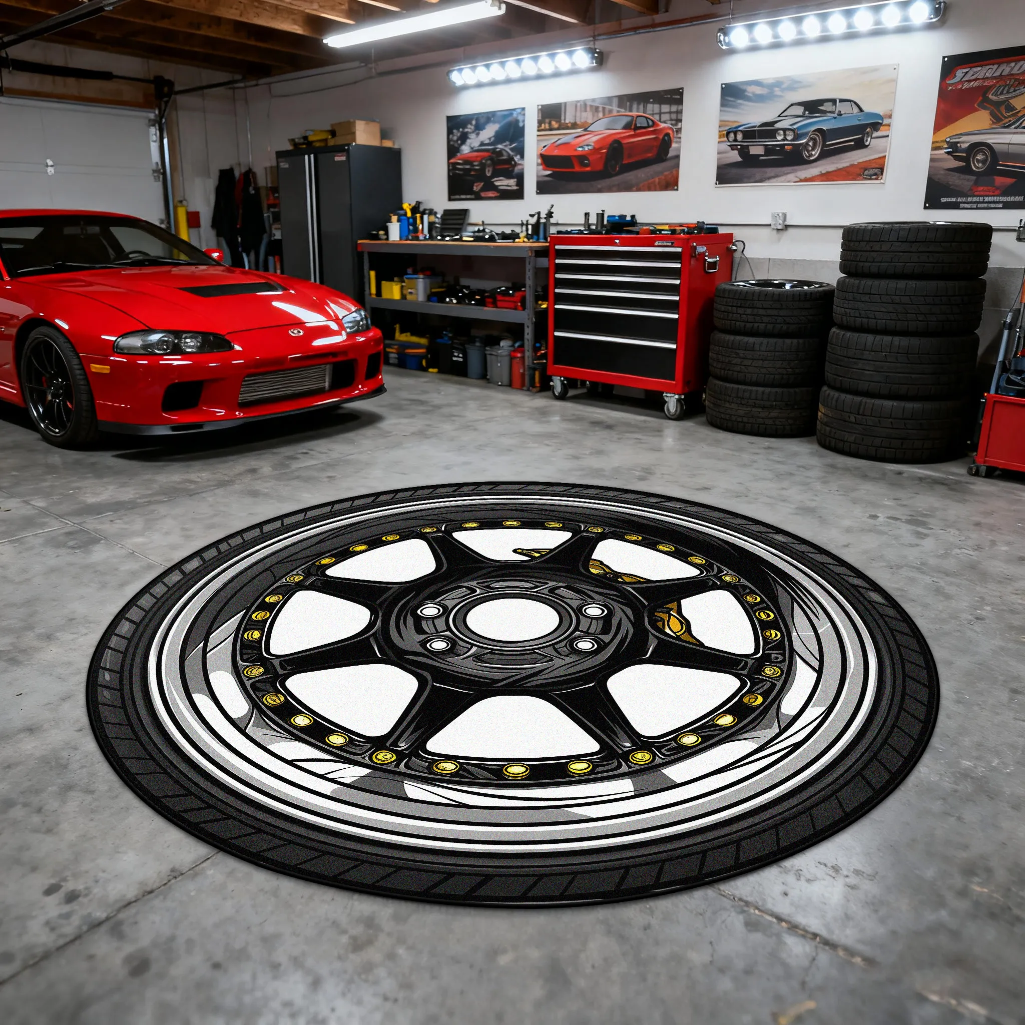Modern Car Tire Easy Clean Round Garage Carpet Decoration Bedroom Non-slip Soft Rug Wear-resistant Lint-free Tables Chairs Mats