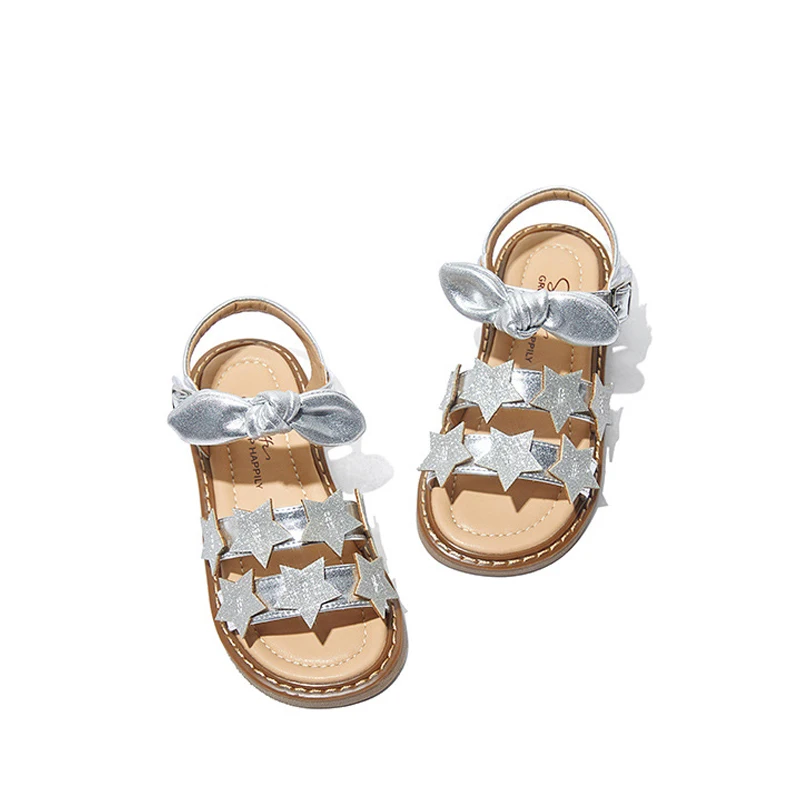 Kleine Meisjes Glitter Ster Sandalen Leuke Strik Prinses Schoenen Voor Meisjes Birthday Party Gold Flats Sandalen Casual Leren Schoenen