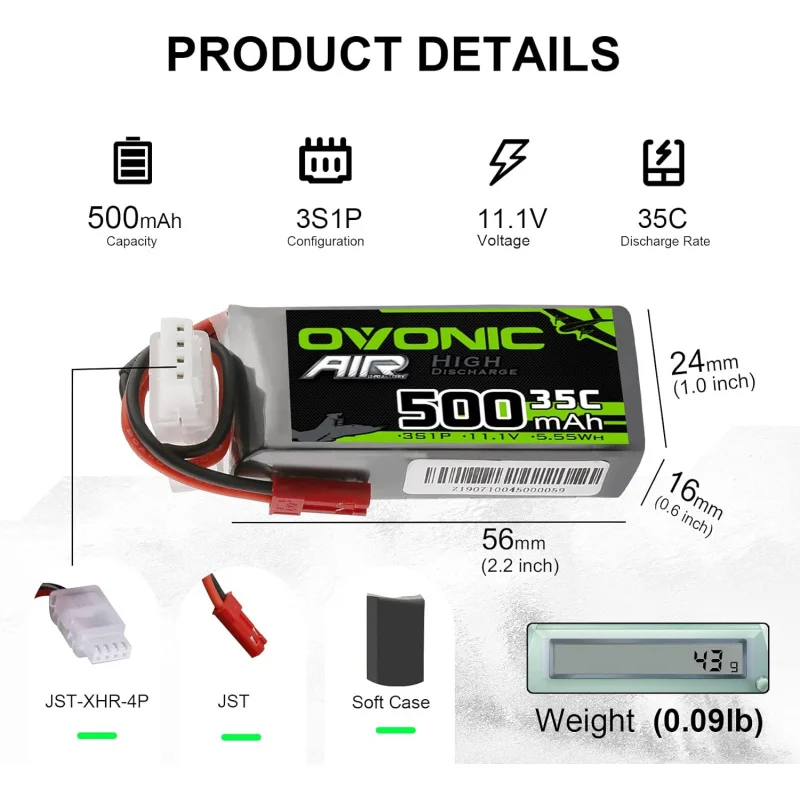 OVONIC 3S Lipo Battery 35C 500mAh 11.1V Lipo Battery with JST Connector for RC Airplane Helicopter Quadcopter FPV Racing Drone(2