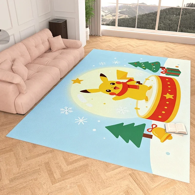 Snowflake Pikachu Christmas Drum 3D Print Imitation Cashmere Rug, Soft Water Absorbent Mat For Living Room Decor