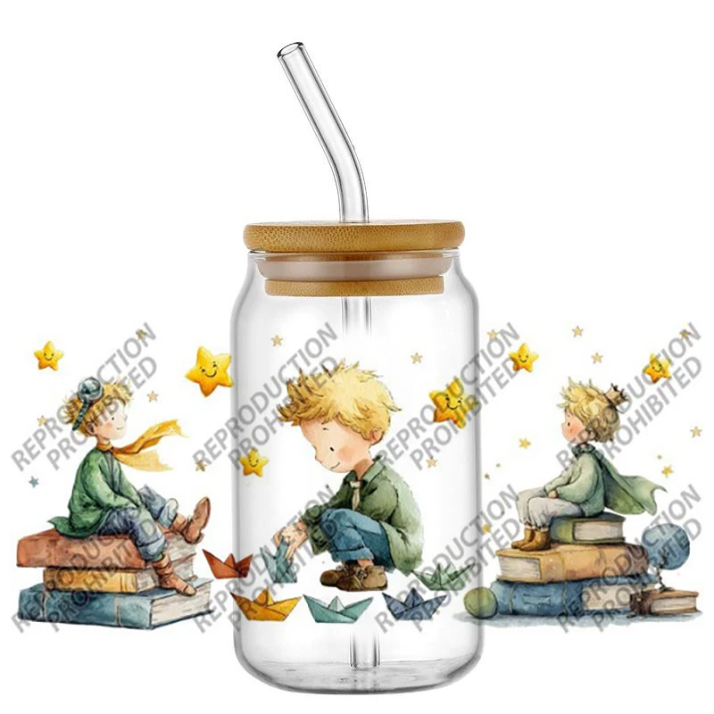 Whimsical Starry Prince UV DTF Wraps, Watercolor Moon & Fox Stickers for 16oz Glass Cans, Waterproof DIY Transfer Decals