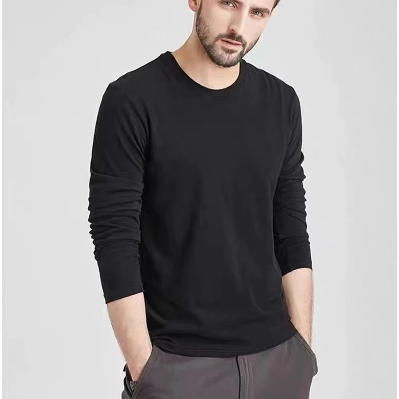 Summer Mercerized Cotton Men's T-shirt Solid Color Round Neck Shirt Casual Cotton Long Sleeve T-shirt