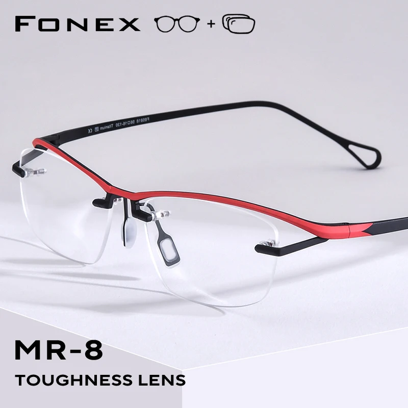 FONEX Progressive Prescription Glasses Anti Blue Myopia Optical Lens Eyewear Men Square Eyeglasses Semi-Rimless Titanium Frame 8