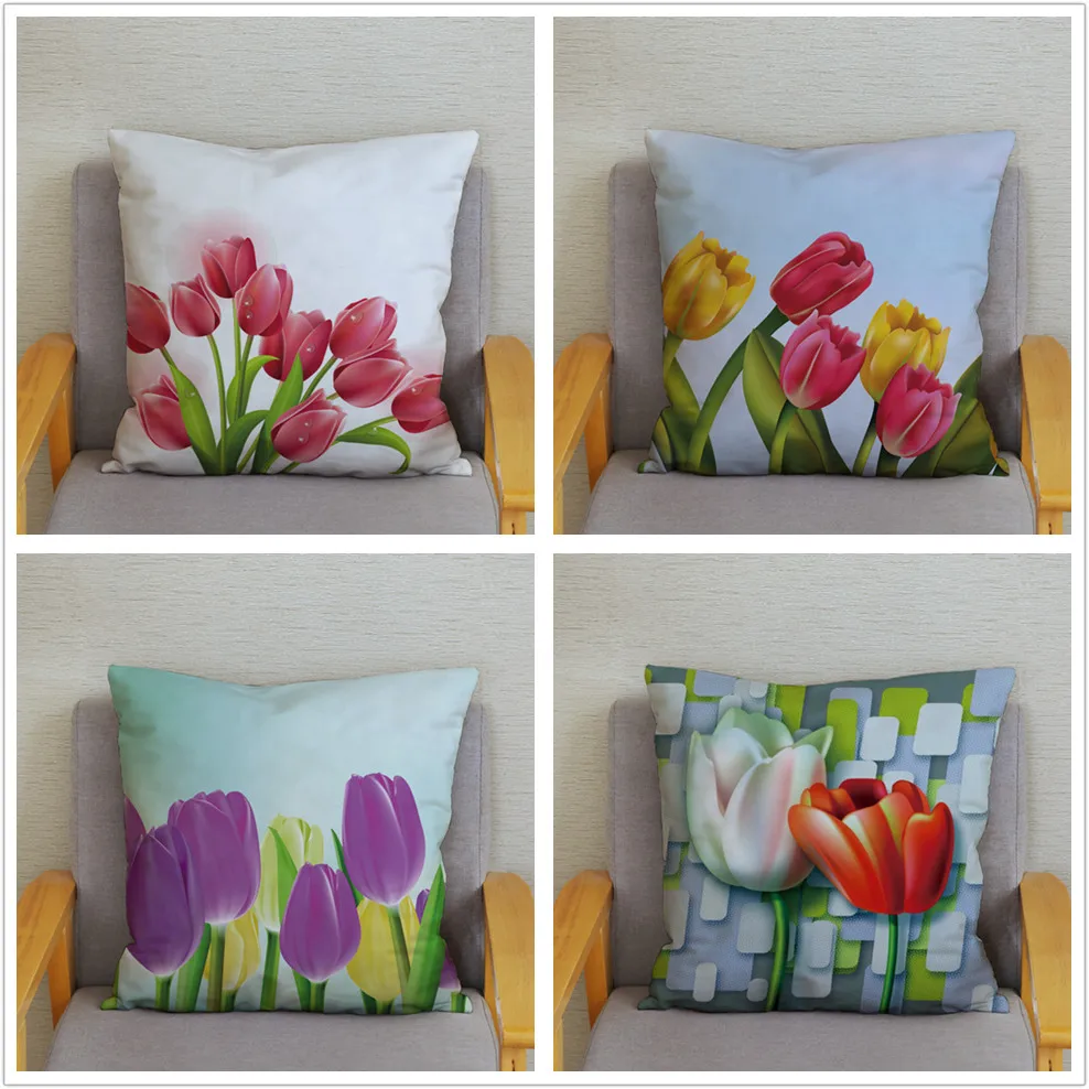 Home Decor Bedroom Tulip Flower Floral Cushion Cover Pillowcase Sofa