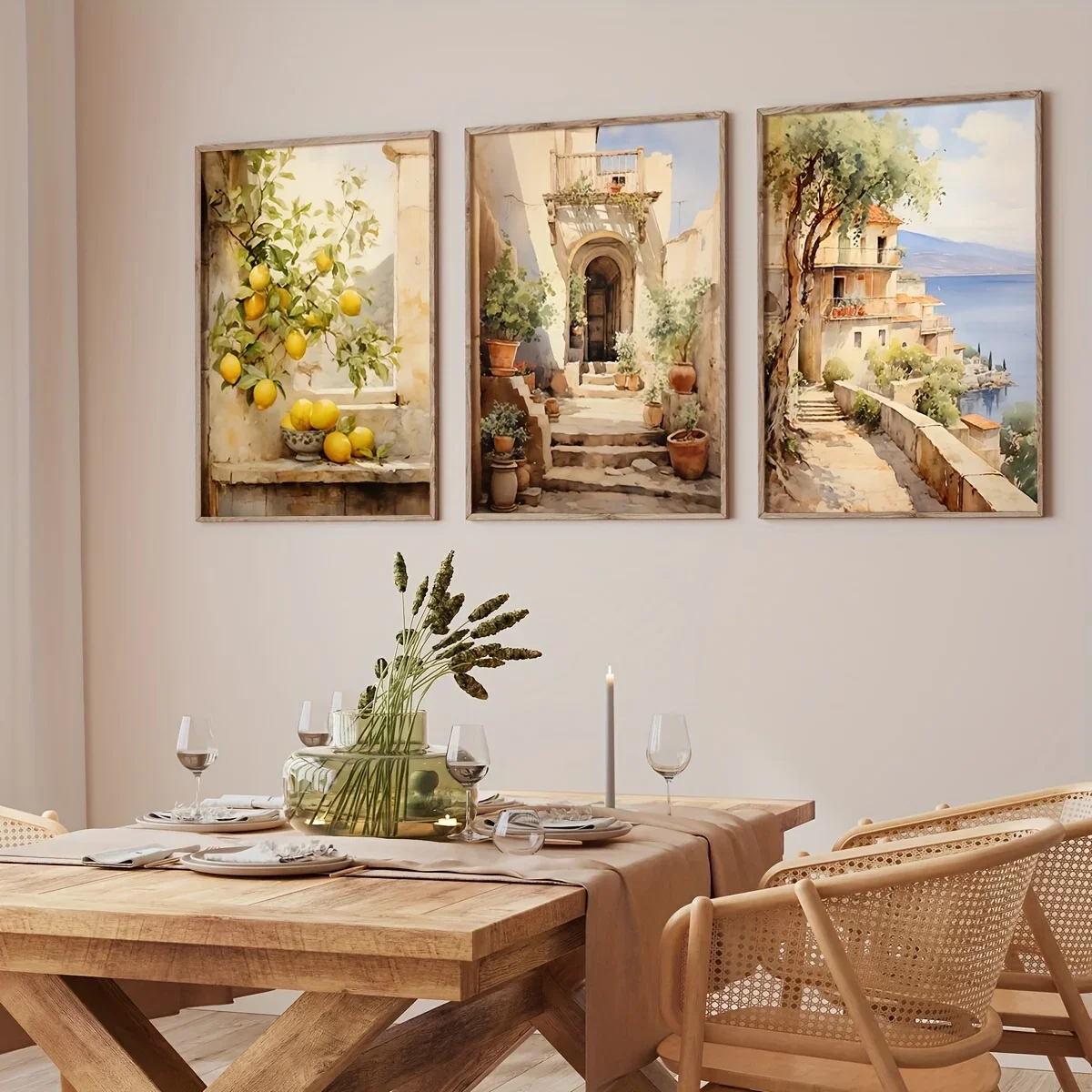 (No frame)3pcs Mediterranean Landscape Canvas Prints Poster Italy Vintage Lemon Botanical Art Prints Wall Art Home Decor Art